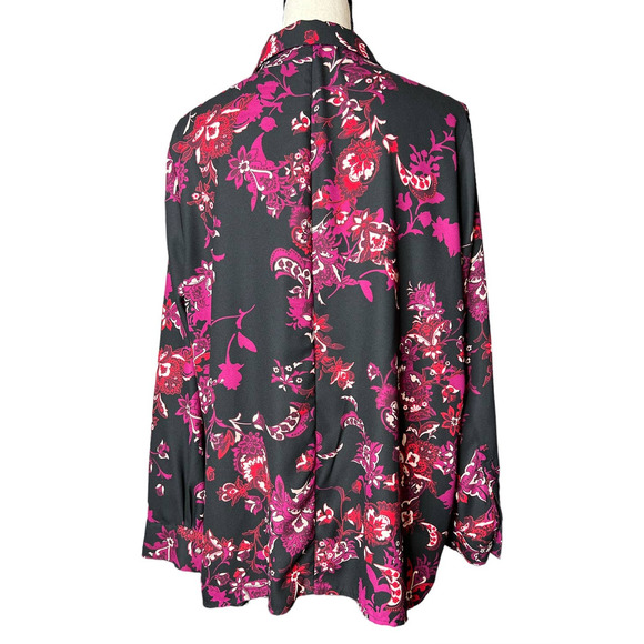 Dana Buchman Women's Tunic Blouse Size XL in Purple Red Floral Print on Black - Picture 3 of 6